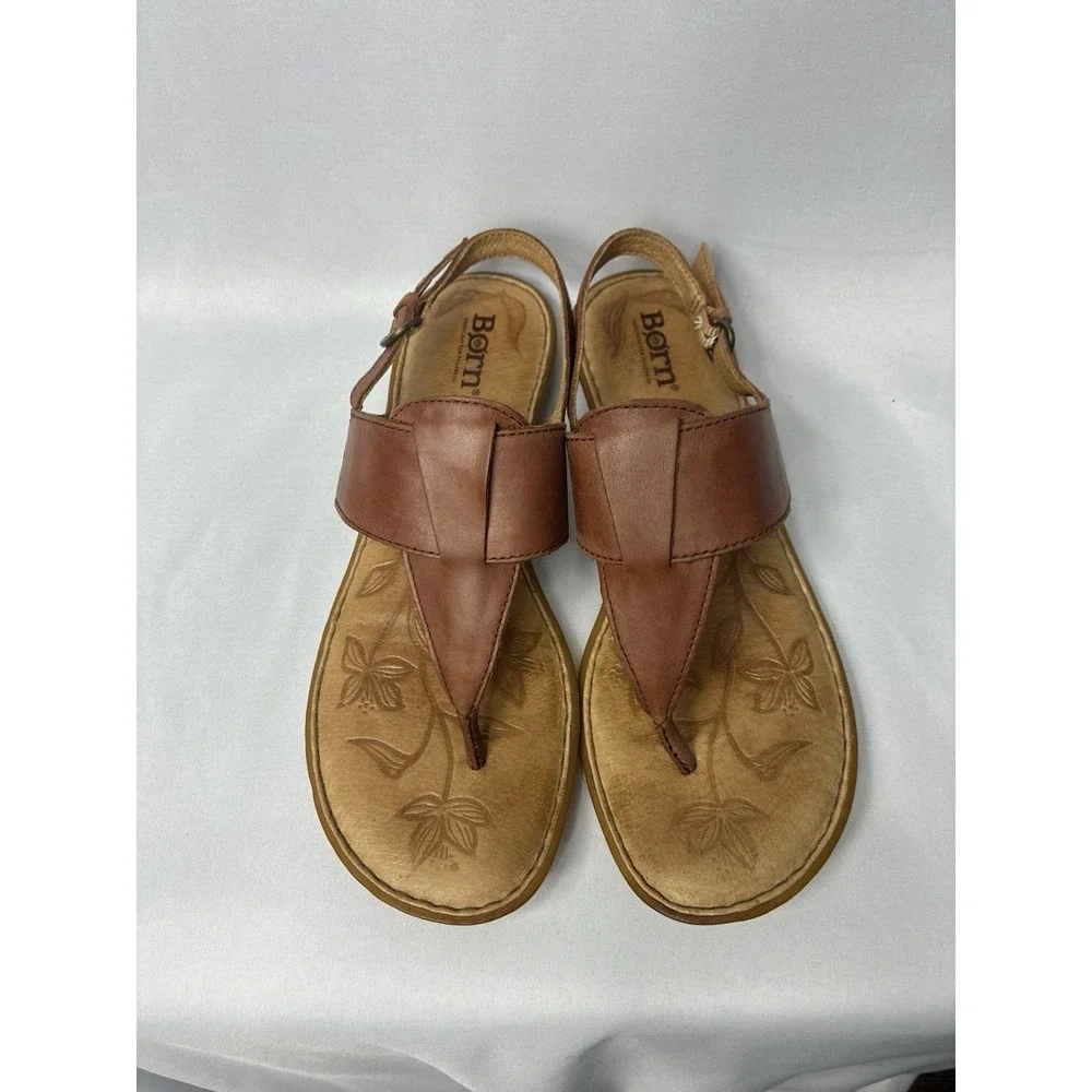 Born Leather Thong Sandals Womens Brown Excellent Floral Embossed Slingback Flat - Picture 2 of 7